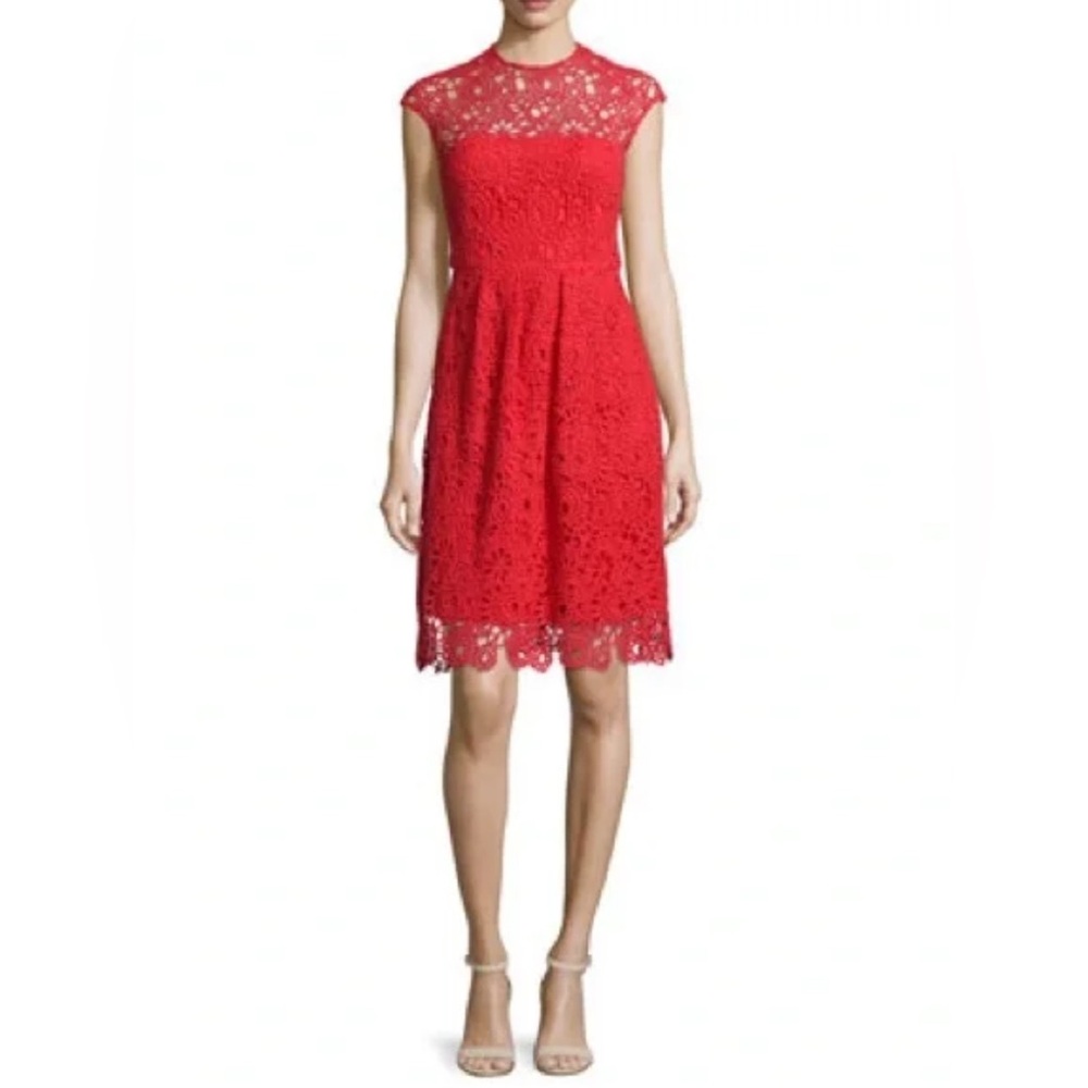 Lela Rose Red Lace Cap-Sleeve Midi Dress